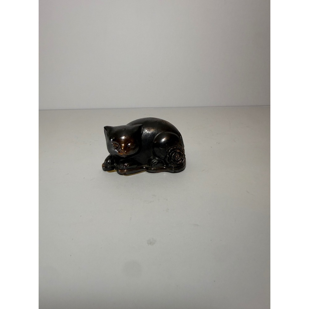 Vintage Bronze Tone Sleeping Cat Figurine with Rose Detail Decorative Weight